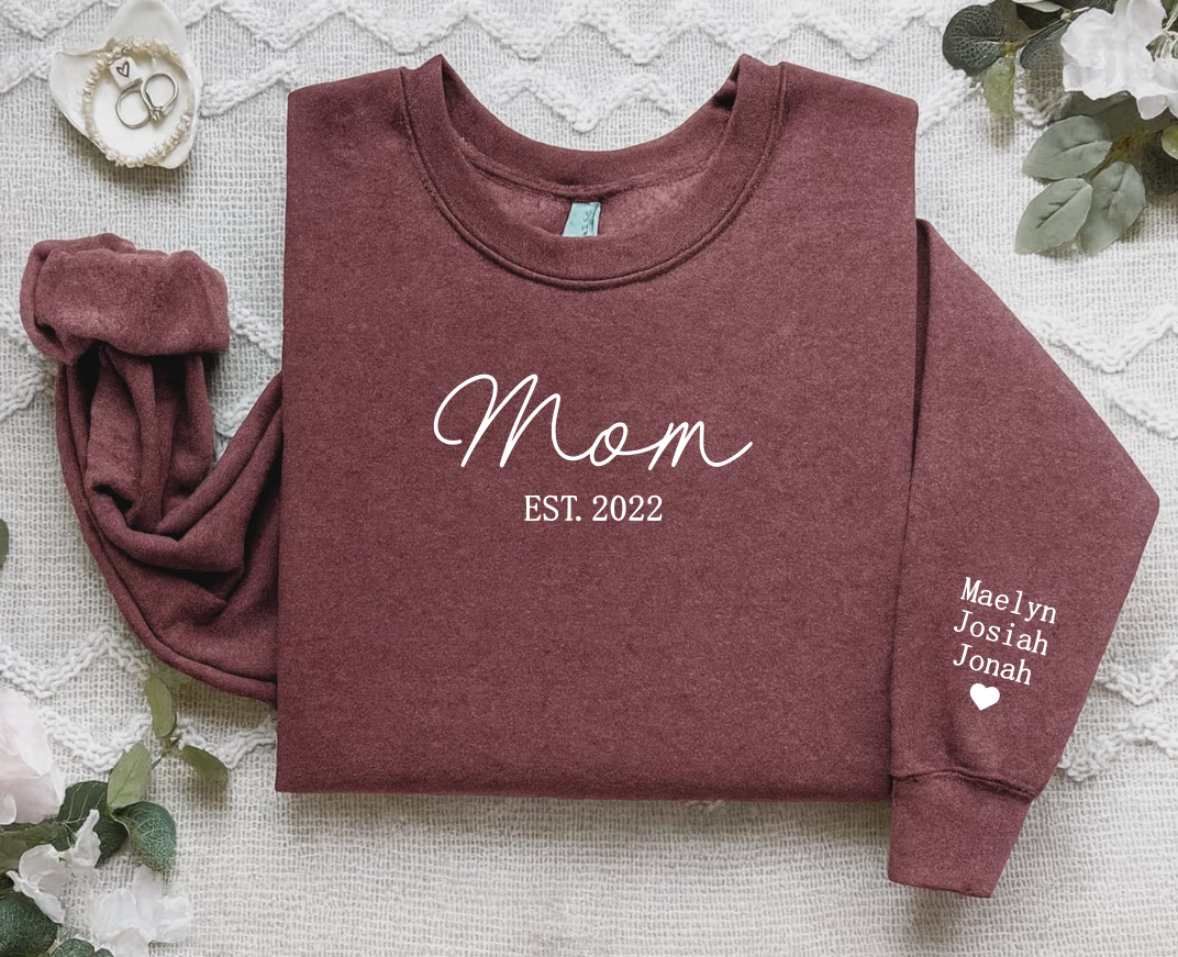 Mom Est. {Heather Maroon} Crew Sweatshirt